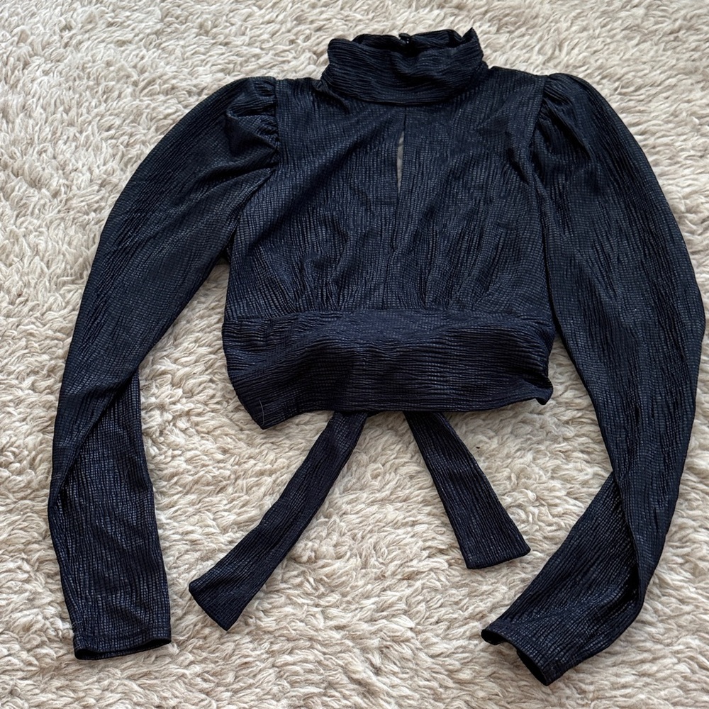 Topshop Dark Blue Gloss Mock Neck Puff-Sleeve Crop Top